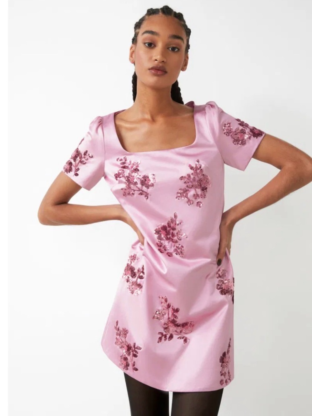 &Other Stories Square-Neck Pink Embroidered Mini Dress